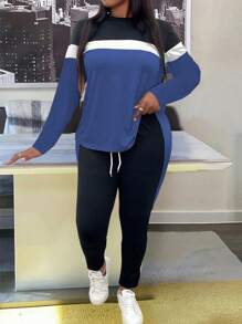 SHEIN LUNE 2pcs Plus Size Solid Color Patchwork Round Neck Long Sleeve Top And Pants Set, Minimalist - Multicolor - View 4