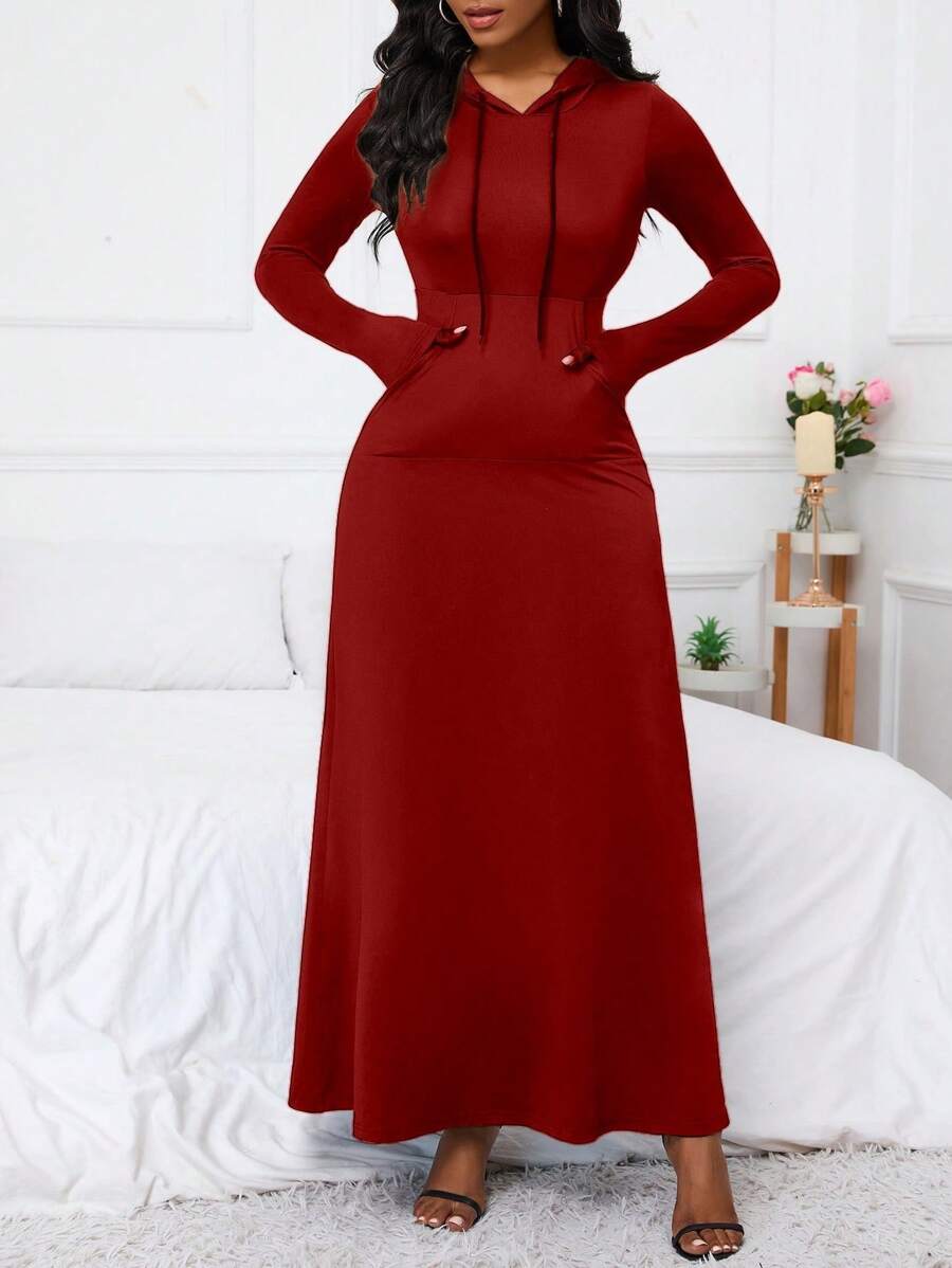 SHEIN LUNE Gaun Maxi Wanita Berkerudung dengan Tali Serut dan Kantong, Pakaian Wanita - Burgundy - View 1