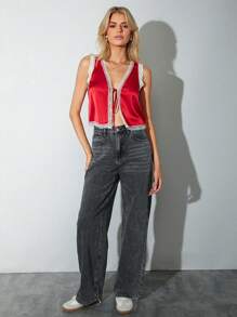 SHEIN EZwear Top corto ajustado de satén rojo sexy con encaje y lazo para mujer, ideal para fiestas - Rojo - Ver 6