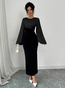 Elenzga Loose Round Neck Flared Long Sleeve Two-Tone Patchwork Elegant Black Dress - Black - View 3