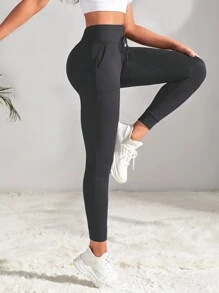 Easithlete 女式高腰弹力健身瑜伽裤，带口袋 - 深灰色 - 查看 5