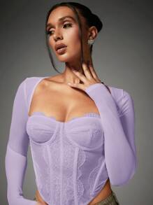 SHEIN BAE Women's Elegant Lace Patchwork Blouse - Mauve Purple - View 3