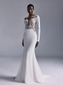 Elitara 优雅迷人的象牙色性感露背贴花刺绣蕾丝拼接弹力针织美人鱼裙，带拖尾，适合婚礼、单身派对、节日、宴会、新娘