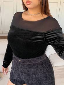 Dazy Petite Plus Bodycon Mesh Patchwork Elegant Long Sleeve T-Shirt, Black, Autumn/Spring - Black - View 5