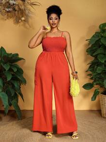 Slaydiva Plus Size Women Summer Casual Rust Red Elastic Jumpsuit With Loose Wide Leg - Rust Brown - View 4