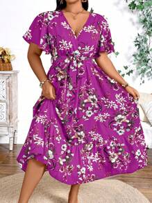 Breezaya Vestido de vacaciones de talla grande con estampado floral y ribete de volantes - Rosa Fucsia - Ver 5