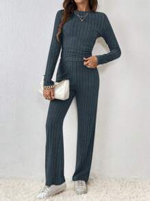 SHEIN Frenchy 女式纯色罗纹纹理 T 恤和裤子套装纹理面料两件套 - 深灰色 - 查看 4