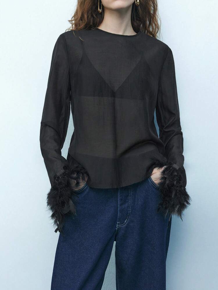 SHEIN Maija Women's Black Round Neck Long Sleeve T-Shirt With Fuzzy Trim Decor, Textured Semi-Sheer Relaxed Fit Elegant Sexy Fashion Versatile Top For All Seasons