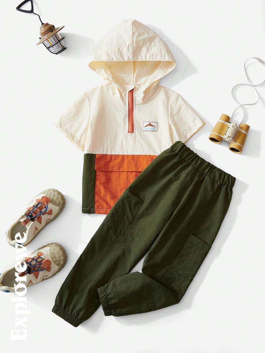 SHEIN Set de haine pentru băiat tânăr, cu glugă, cu glugă, cu mânecă scurtă și pantaloni