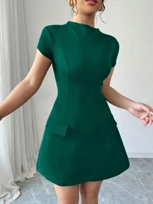 Selianne 女士立领短袖纯色迷你时尚连衣裙 - 墨綠色 - 查看 3