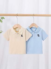 2 pièces Ensemble de tenue décontractée d'été pour tout-petits garçons, avec polo à manches courtes avec broderie d'arbre de noix de coco et de voilier. Convient pour les activités extérieures du printemps, de l'été et de l'automne - Bleu azur - Voir 3