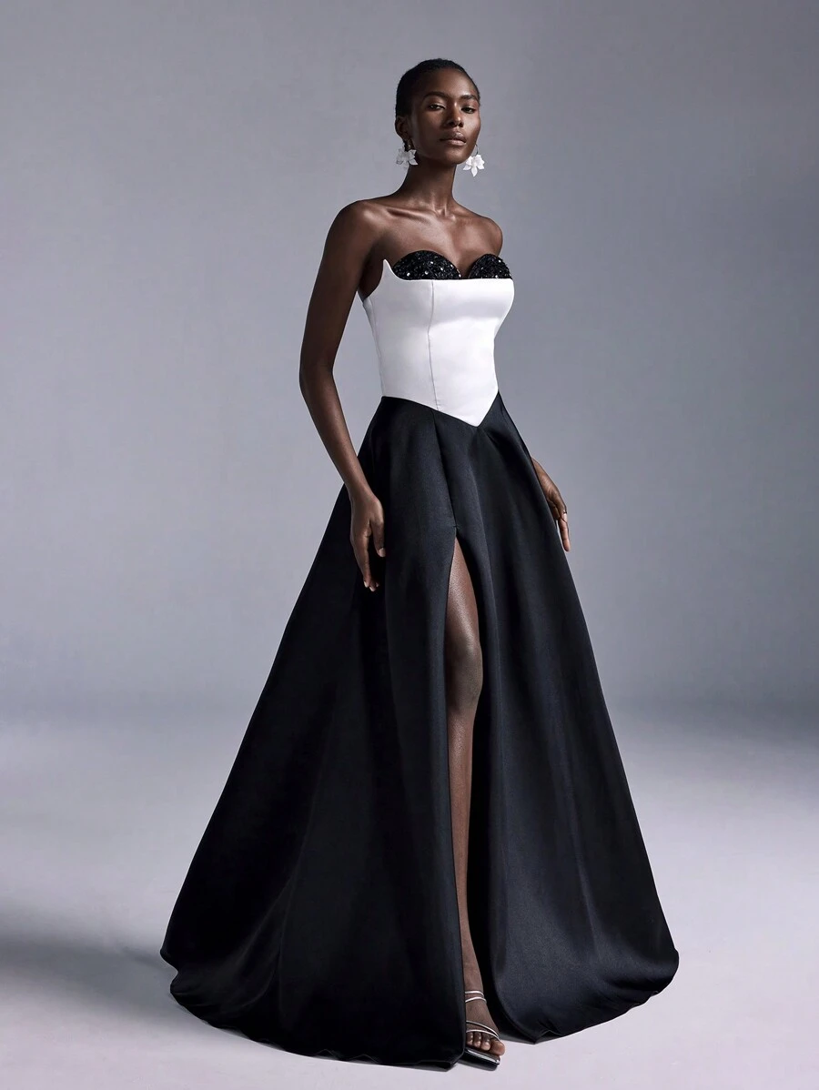 Elitara Elegant Black & White Color Blocking Luxury Sequin Decor A-Line Lace Up Back Formal Evening Gown, Wedding Guest Dress, Party Dress - Black and White - View 1