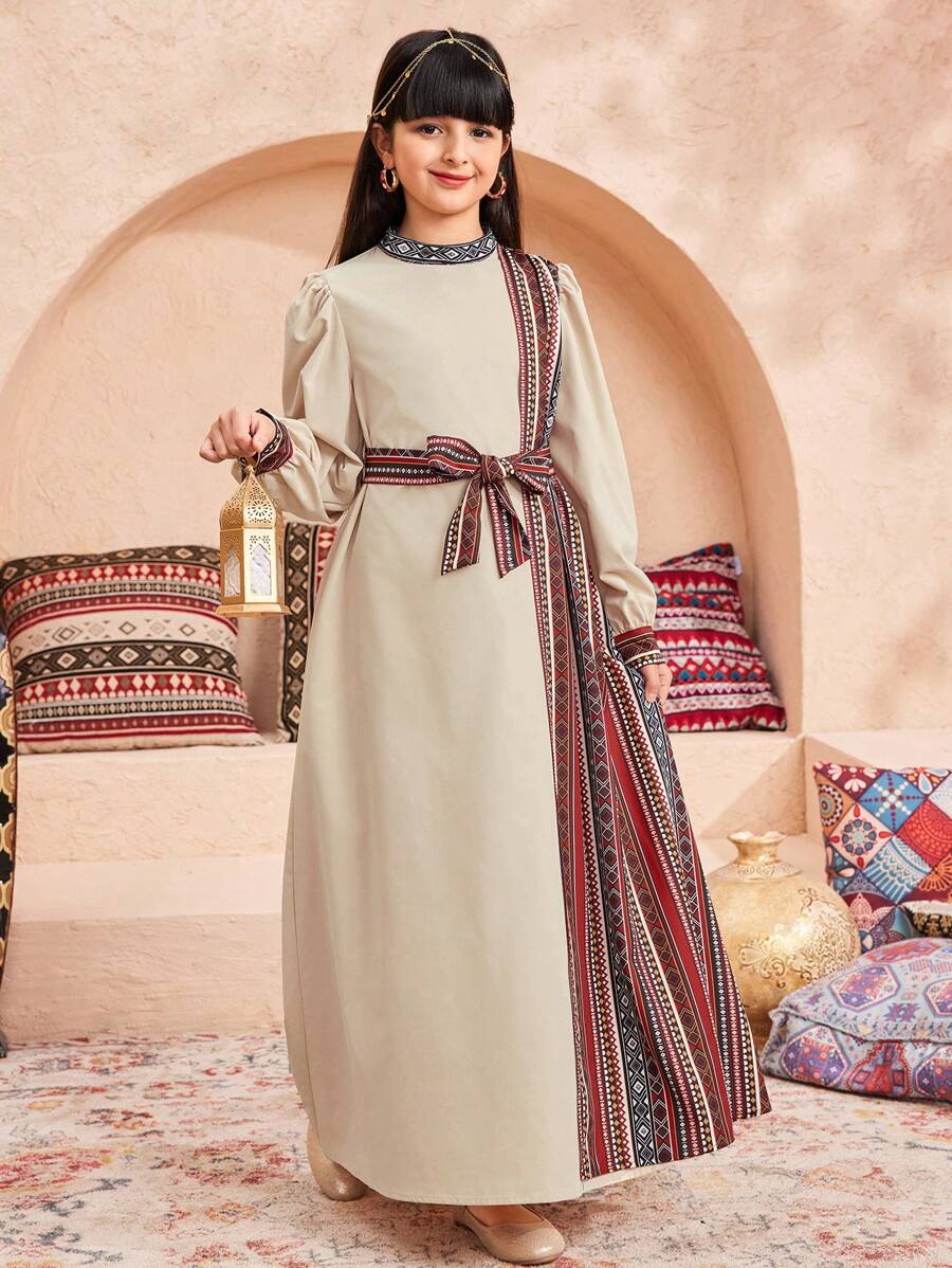 SHEIN Leap Crew Tween Girls' Ramandan Style Long Sleeve Dress - Multicolor - View 1