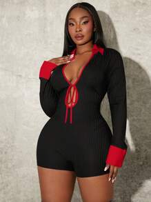 SHEIN SXY Plus Size Spring Contrast Shirt Collar Knit Jumpsuit - Black - View 5