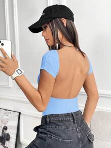 SHEIN EZwear Light Blue Knit Backless Bodysuit For Women - Baby Blue - View 3