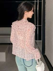 DAZY Blouse à col volant à fleurs ditsy pour femmes, Top à manches longues pour femmes en automne