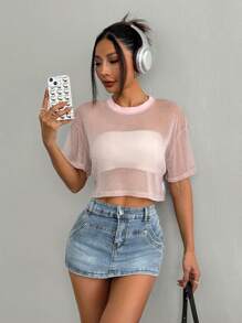 SHEIN EZwear 粉色网眼女士圆领落肩短袖短款上衣