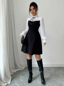 Selianne Vestito formale da donna con colletto alto, lacci, balze all'orlo, maniche lunghe in chiffon, decorato con fiocco, vita stringata