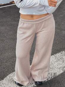 INAWLY Plus Size Women's Solid Color Fold-Over Waist Straight Loose Casual Pants Fall Cloth For Women - Khaki - View 6