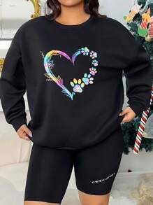 INAWLY Áo nỉ hở vai in hình trái tim và hoa, cho mùa đông - màu đen - Xem 3