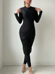 SHEIN Swim Mulvari 2 peças/conjunto feminino gola alta manga comprida top e calças praia férias burkini roupa verão roupa árabe