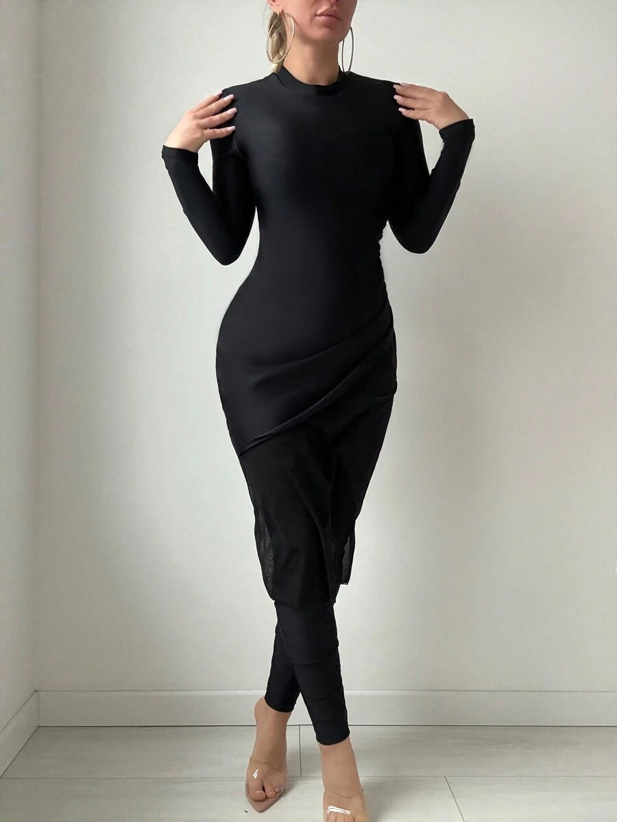 SHEIN Swim Mulvari 2 peças/conjunto feminino gola alta manga comprida top e calças praia férias burkini roupa verão roupa árabe