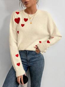 Chiquease European And American Stylish Design 3D Heart Embroidered Faux Mink Loose Fit Pullover Sweater, Autumn/Winter