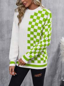 SHEIN LUNE Casual Checkered Patchwork Crew Neck Sweater, Autumn/Winter Knit Pullover Fall Sweater - Green - View 6