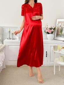 Moonlight&Mama Camisón de maternidad elegante de encaje con diseño suave y amigable con la piel, de seda sintética - Rojo - Ver 5