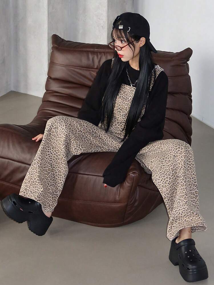 Women's Loose Versatile Casual Leopard Print Denim Bib Overalls Cheetah Print