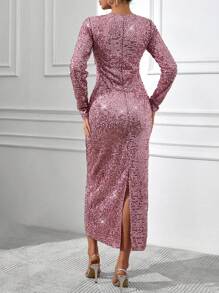 EURMUSE Elegant Style, Sequin Long Line Bodycon Dress - Pink - View 2