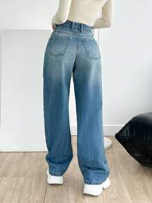 EURMUSE 女式宽松口袋拼布流苏下摆阔腿休闲牛仔裤 - 中等水洗藍 - 查看 2