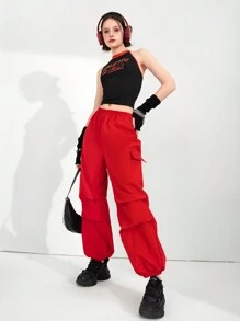 SHEIN Explorewe 2 件青少年女孩涂鸦字母印花吊带背心和宽松工装裤套装，时尚街头风格，适合春夏休闲外出