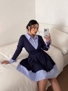 Flirla College Style Shirt Dress For Women, Autumn New Arrivals, Fashion Simple Waist-Cinched Striped Patchwork Dress - Blue - View 4