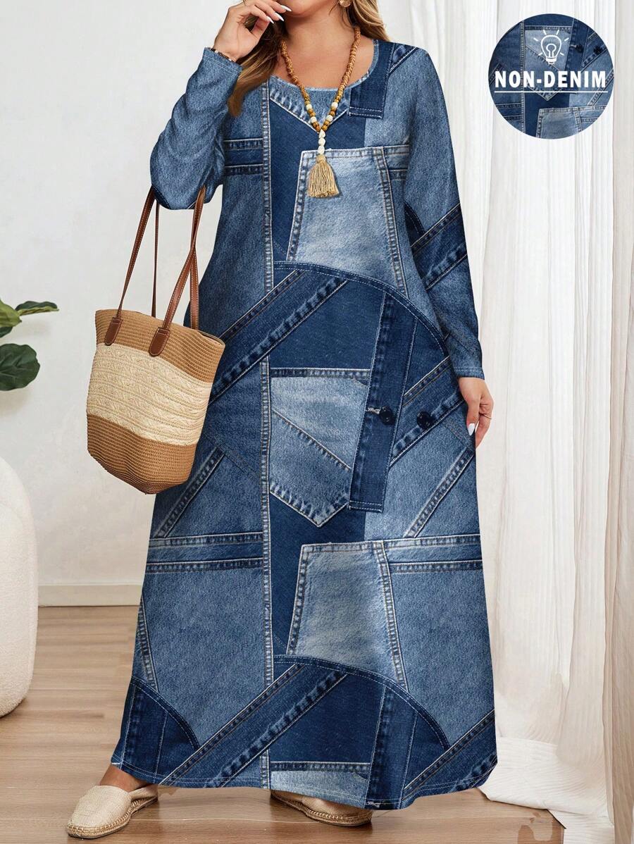 EMERY ROSE Đầm cổ tròn dài tay in họa tiết tối giản giản dị cỡ lớn dành cho nữ, phù hợp cho mùa thu/đông - Nhiều màu - Xem 1