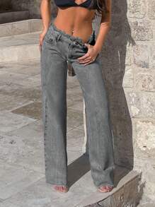 EURMUSE 100%Cotton Rigid, Belt Detailed Wideleg Fit - Grey - View 7