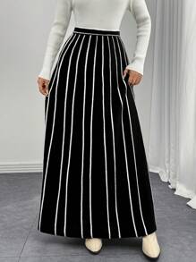SHEIN ChicEase 法式优雅条纹针织A字高腰修身裙百搭连衣裙 - 黑色 - 查看 3