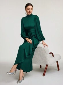 Veilorie Đầm suông dài tay cổ đứng màu trơn cho nữ, dáng suông, nhún bèo, giản dị, kín đáo - Màu xanh lá cây đậm - Xem 3