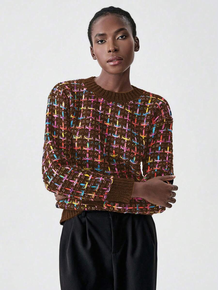 Chiquease 女士格子圆领长袖休闲宽松毛衣，适合秋冬季穿着，针织套头衫，秋季毛衣 - 咖啡棕 - 查看 1