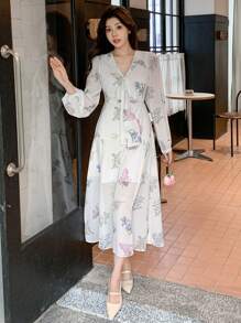 DAZY Floral Print Tie-Up Split Puff Sleeve Women's Mid-Length Dress,Fall Dress Long Sleeve Dress Boho Vacation Outfits Women - Beige - View 5