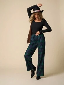 LanaWest 女士格纹腰带口袋直腿宽松休闲裤 - 綠色 - 查看 3