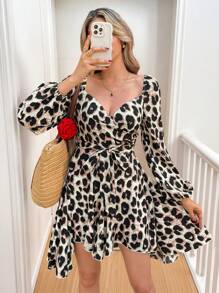 SHEIN Frenchy Women's Casual Leopard Print Lantern Sleeve Asymmetrical Hem Mini Sundress, Belted Dress, Suitable For Spring And Autumn Winter Cheetah - Multicolor - View 6