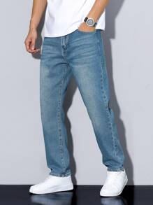 Manfinity Homme Men's Solid Color With Pocket Casual Versatile Straight Leg Jeans - Blue - View 3