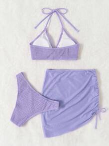 Swim Basics Summer Beach 3packs Textured Ring Linked Bikini With Beach Skirt