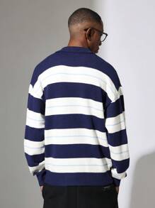 SUMWON Classic Knit Polo Sweater V-Neck Striped Pullover Long Sleeve Winter Fall Casual Preppy University Style Ribbed Cuffs Warm Knitwear