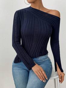 Chiquease 女士优雅性感不对称领长袖修身针织套头毛衣秋冬毛衣 - 藏蓝色 - 查看 6