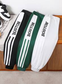 SHEIN 3 件套 YoungBoys 休闲字母印花抽绳踝慢跑运动裤，舒适日常穿着，适合户外、旅行、学校、秋冬季 - 彩色 - 查看 1