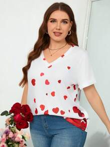 SHEIN Clasi Plus Size Valentine's Heart Print Short Sleeve T-Shirt