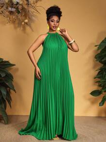 Slaydiva Vestido holgado de talla grande para primavera y verano, con escote halter sin mangas, plisado y dobladillo en A, ideal para vacaciones y citas, en color verde oscuro