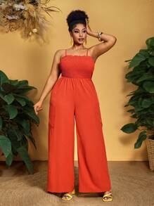 Slaydiva Plus Size Women Summer Casual Rust Red Elastic Jumpsuit With Loose Wide Leg - Rust Brown - View 6